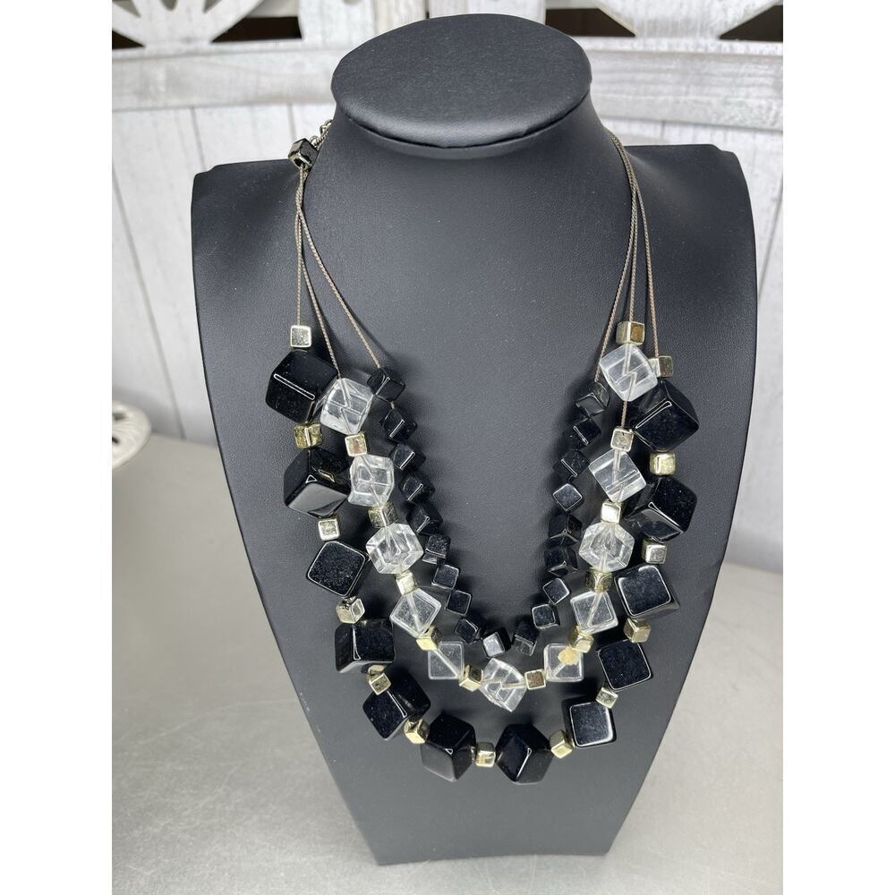 Vintage Black Geometric Cube Bead Chunky Statement Necklace Gold & Clear